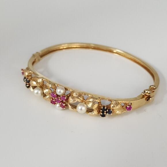 Set Of Antique 14k Yellow Gold Diamond,Pearls,Ruby &Sapphire Bangle Bracelets - Picture 5 of 16